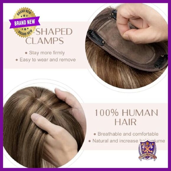 Human Hair Topper with Bangs, Silk Base, 2.75x5.1 Inch, 3 Clips